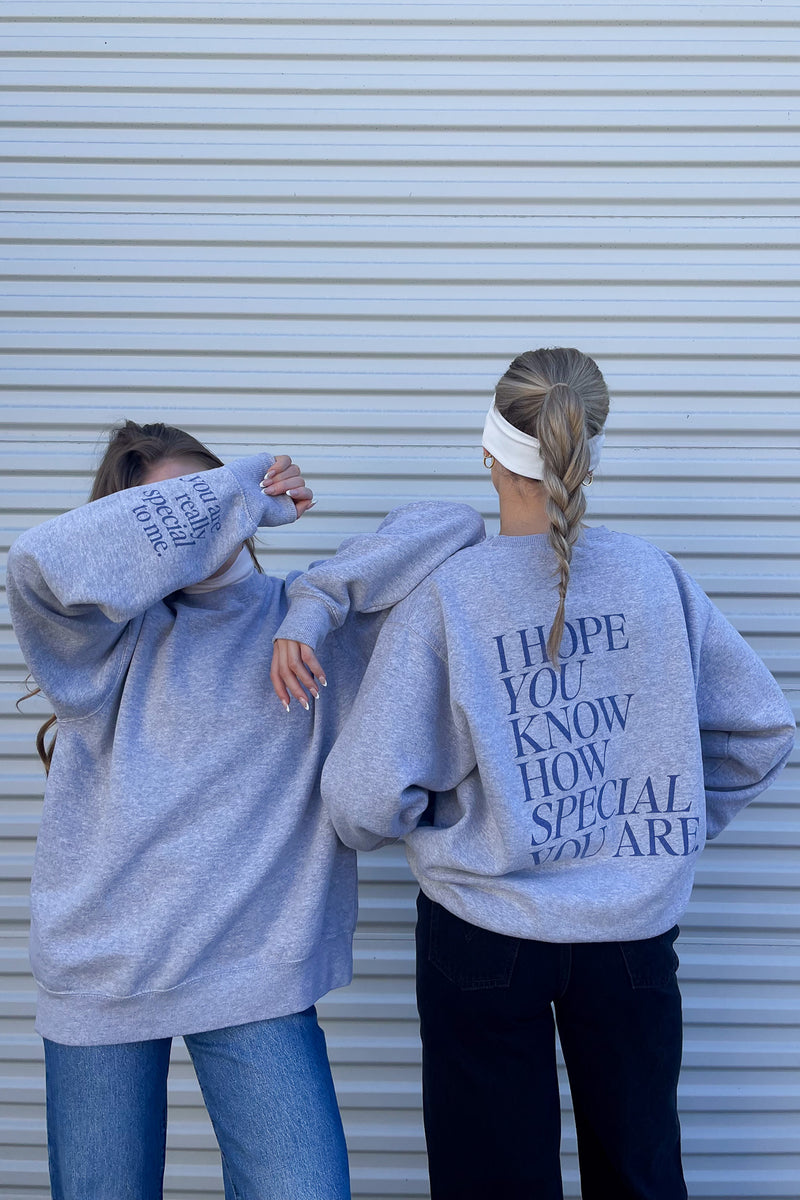 gray sweatshirt with navy blue cuff details and back graphic that reads "I hope you know how special you are" | Trendy Holiday Christmas Gift Ideas 2023 | Charitable Fashion Brands