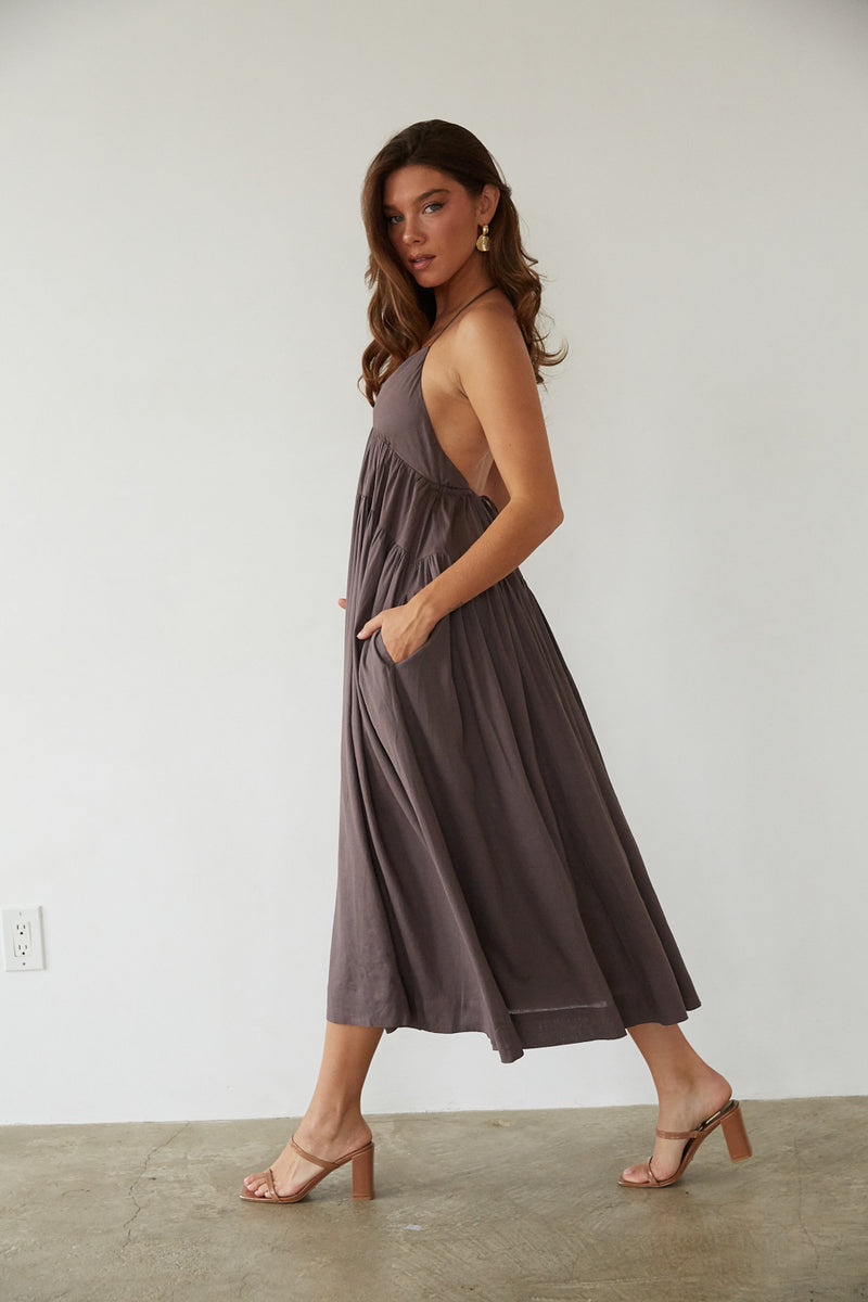 brown linen dress Ester Tiered Linen Midi Dress • Shop American Threads Online Boutique Java / L
