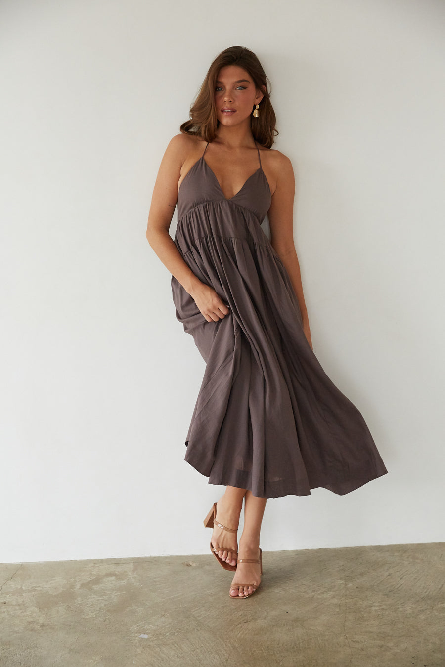 Ester Tiered Linen Midi Dress Shop American Threads Online Boutique Java / L Ester Tiered Linen Midi Dress Shop American Threads Online Boutique Java / L