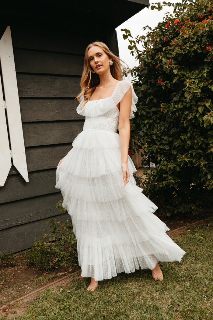 white off the shoulder tiered maxi dress with smocked waist | white garden party dress