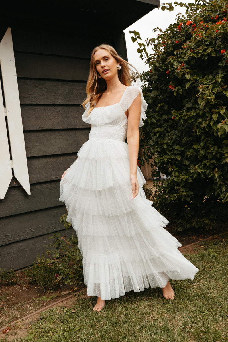 Evalyn Tiered Ruffle Maxi Dress Shop American Threads Women's Trendy Online Boutique White / L Evalyn Tiered Ruffle Maxi Dress Shop American Threads Women's Trendy Online Boutique White / L