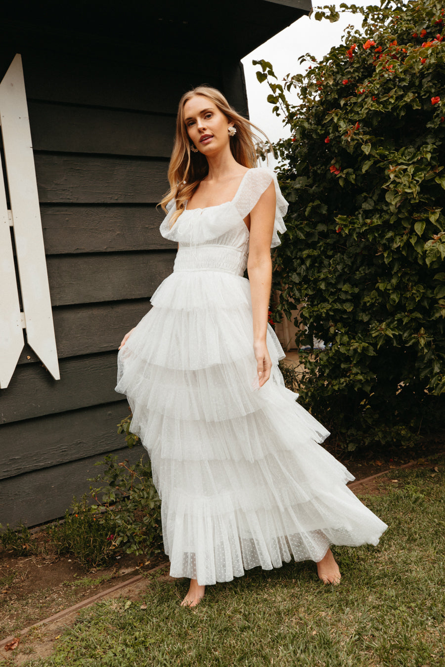Evalyn Tiered Ruffle Maxi Dress, White / L
