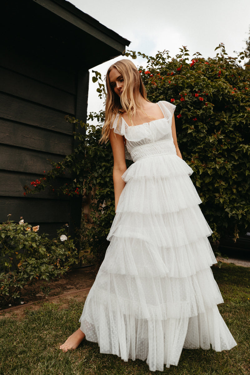 Evalyn Tiered Ruffle Maxi Dress, White / L