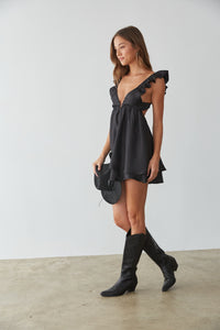 black keyhole front mini dress - ruffle sleeve babydoll dress - stagecoach outfit inspo