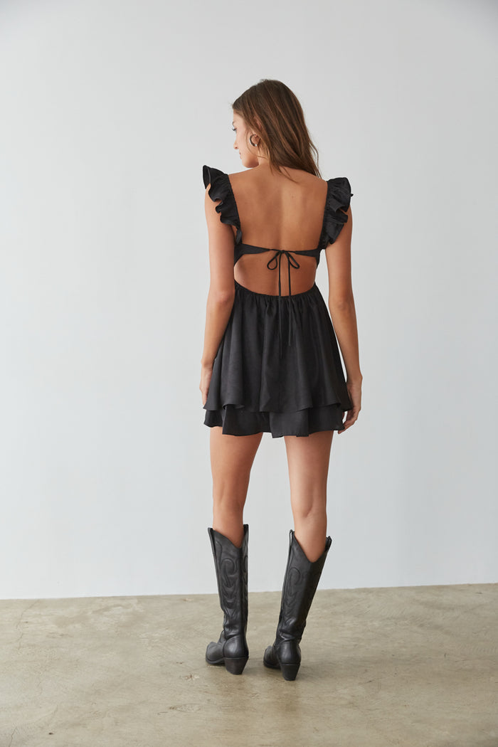 open back babydoll dress - ruffle sleeve tie back mini dress - country concert outfit inspo