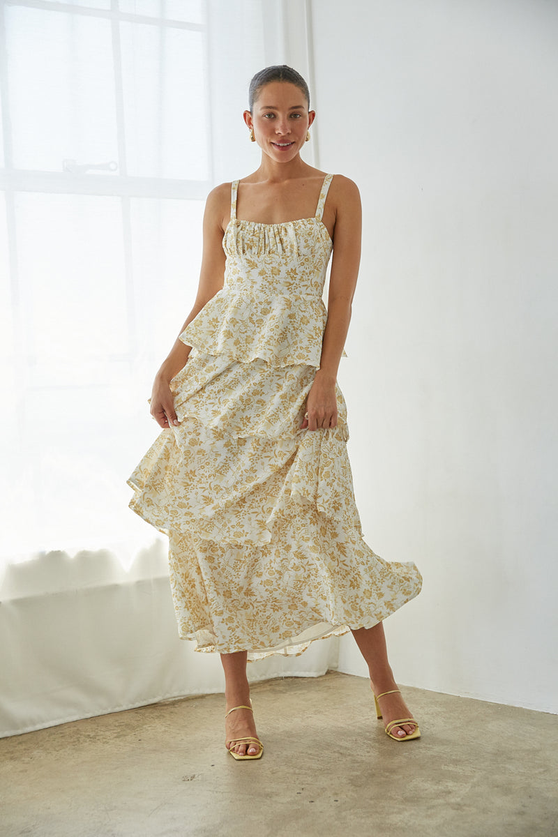 Everlee Bustier Tiered Maxi Dress, Blue Floral / XS