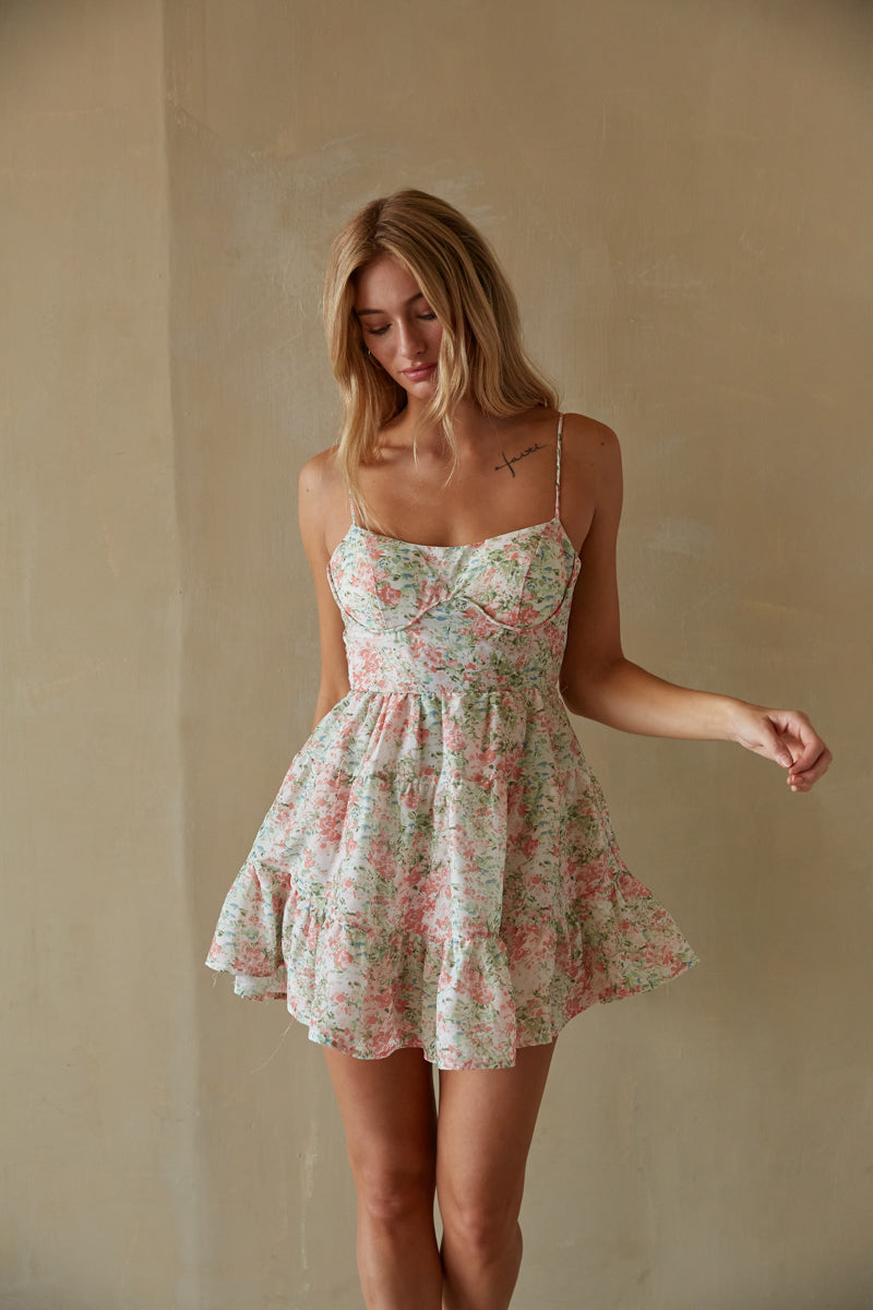 Farah Floral Bustier Babydoll Mini Dress American Threads Boutique Dresses Green & Peach Floral / L Farah Floral Bustier Babydoll Mini Dress American Threads Boutique Dresses Green & Peach Floral / L