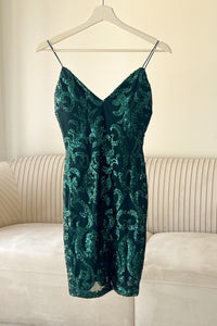 trendy green homecoming dress with fleur del lis sequin pattern - hoco dress for 2023