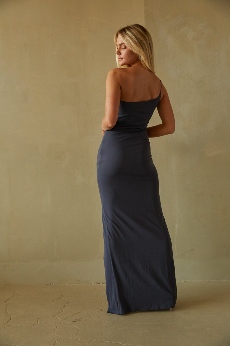 Felicia One Shoulder Twist Front Maxi Dress Shop American Threads Women's Trendy Online Boutique Pewter / L Felicia One Shoulder Twist Front Maxi Dress Shop American Threads Women's Trendy Online Boutique Pewter / L