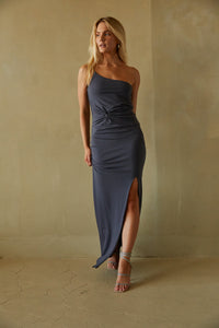 gray chic maxi dress - one shoulder twist front wedding guest dress - chic prom dresses