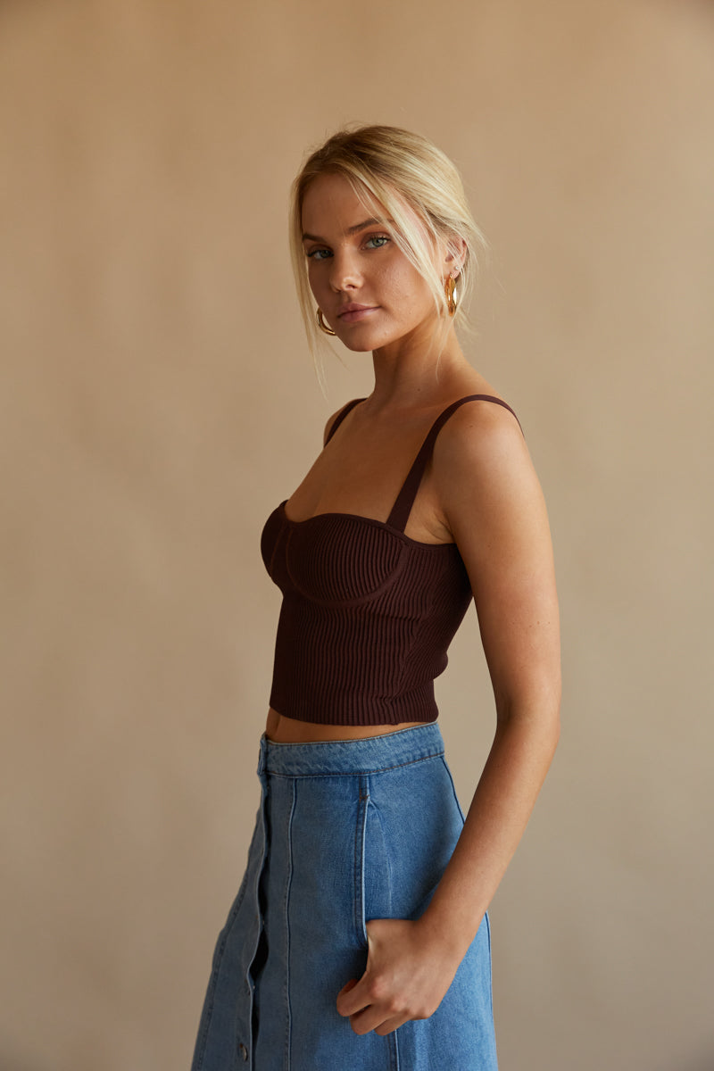 ribbed brown corset style crop top - knit bustier style tank top