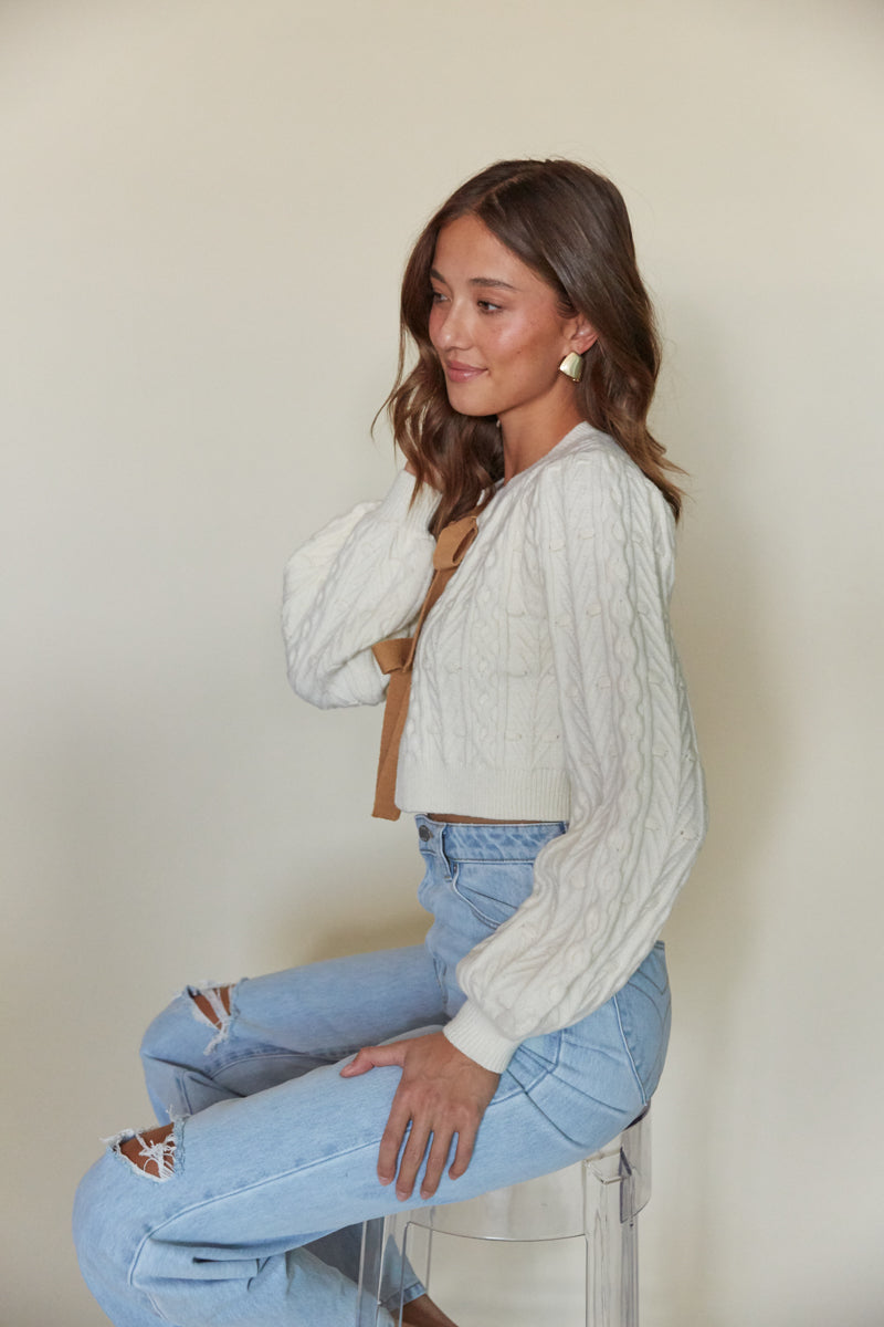 Florence Cable Knit Bow Cardigan • American Threads Women's Boutique