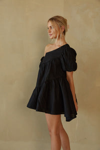 black puff sleeve one shoulder babydoll dress