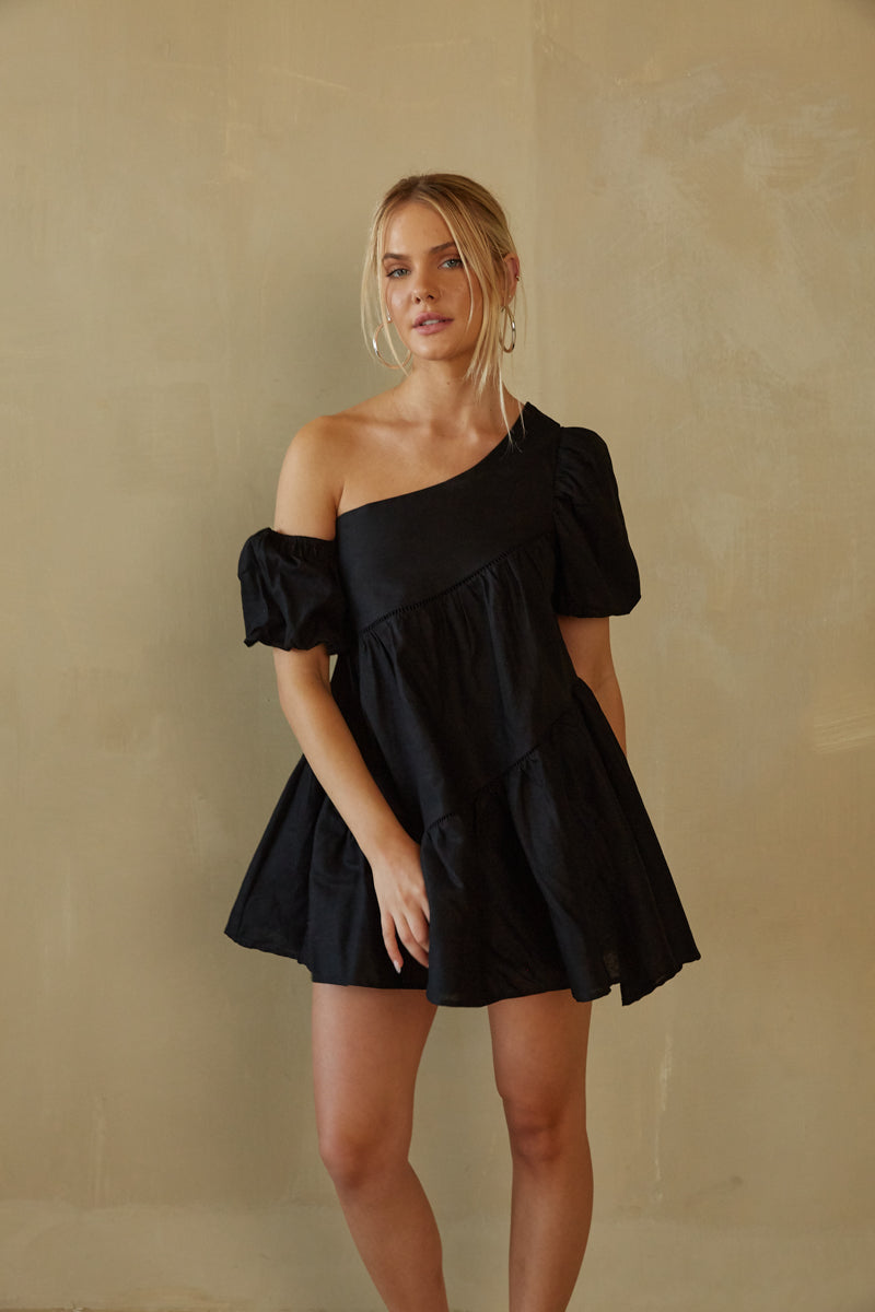 black one shoulder babydoll dress | trendy babydoll dresses