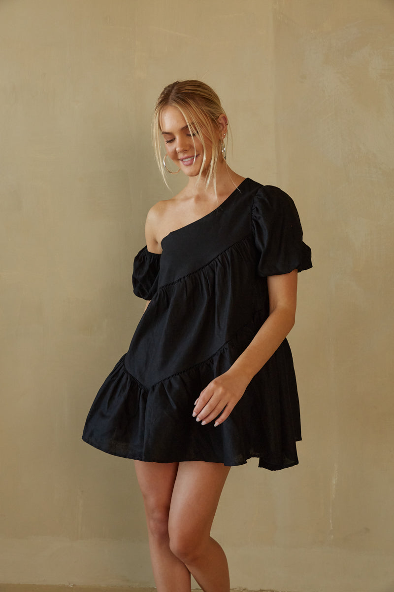 black one shoulder puff sleeve babydoll dress | black-image