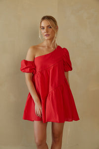 red one shoulder puff sleeve babydoll dress | red one shoulder babydoll dress
