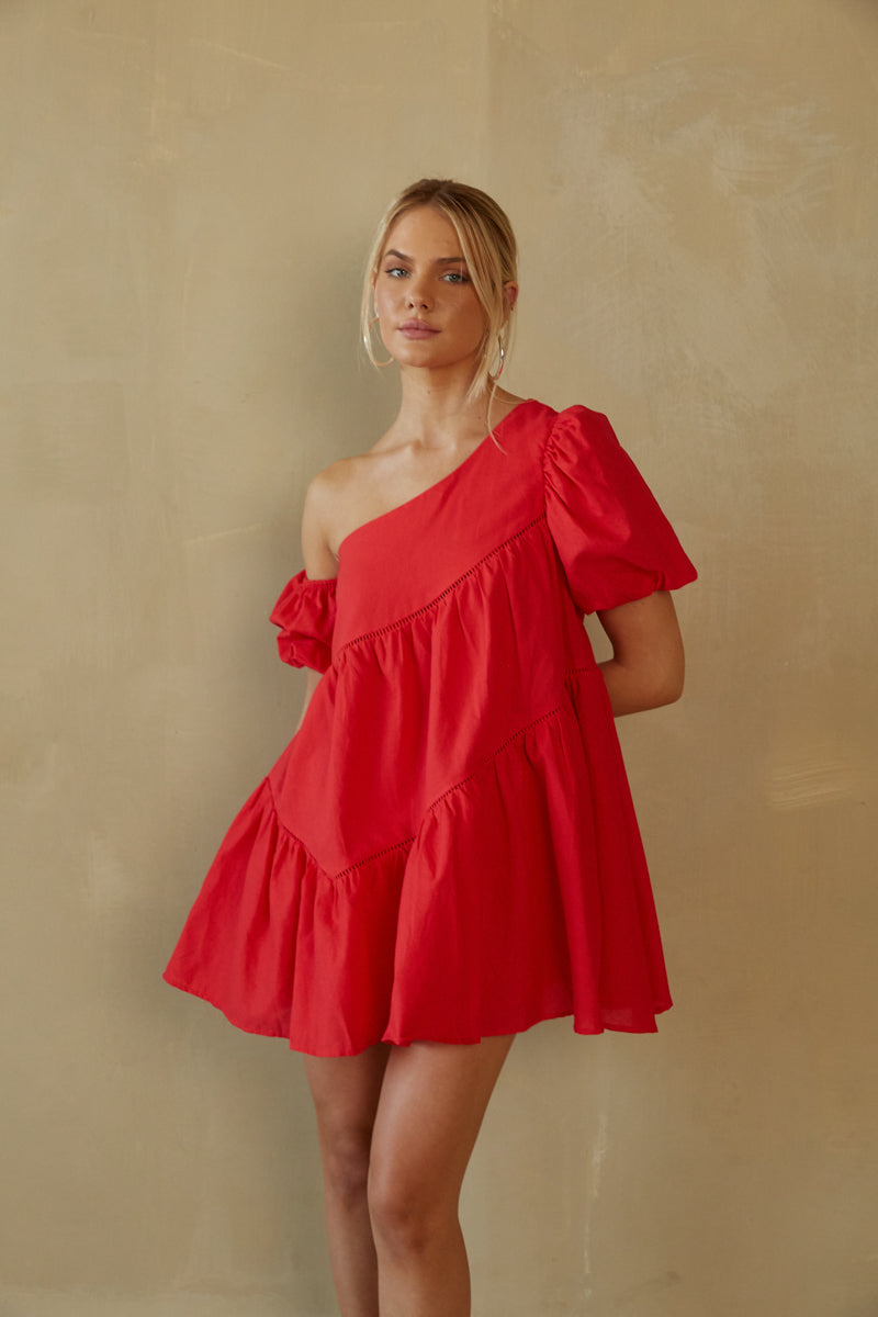 red one shoulder babydoll dress | red game day dress