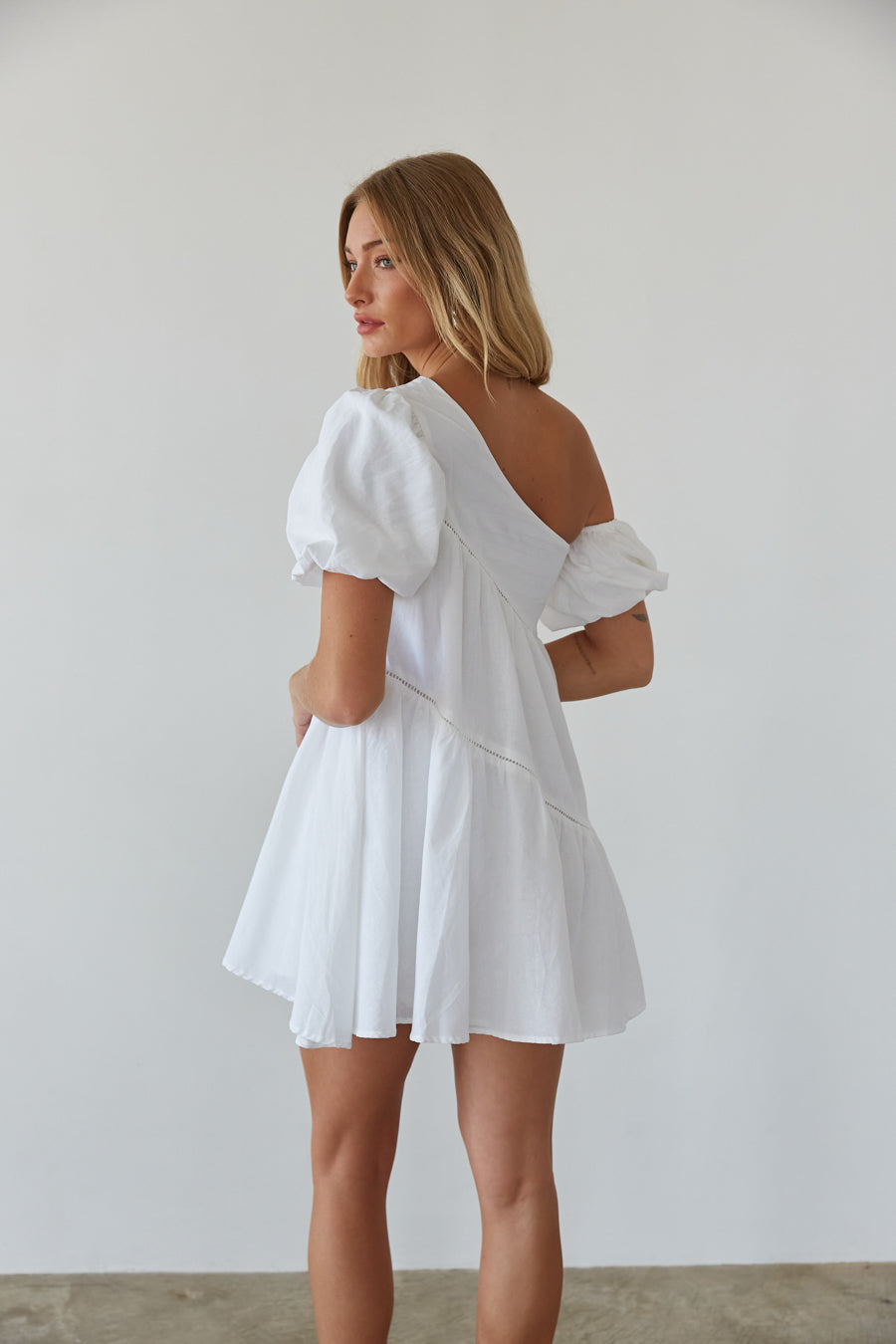 white one shoulder babydoll dress | trendy babydoll dresses