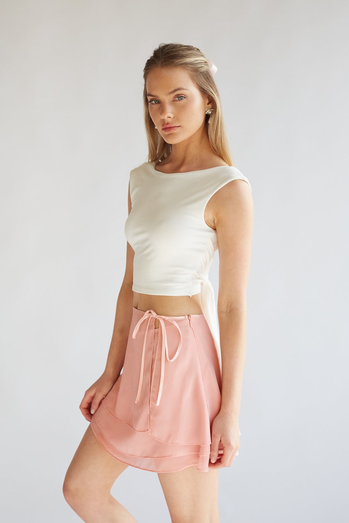 pink wrap chiffon mini skirt | coquette mini skirt