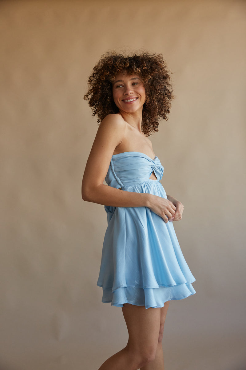 baby blue strapless open back mini dress | unique rush dress boutique
