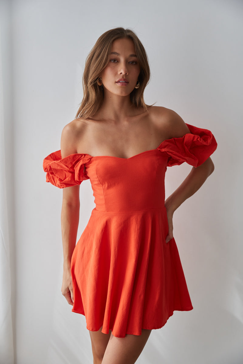 red off the shoulder mini dress - red date night dress - fit and flare mini dress