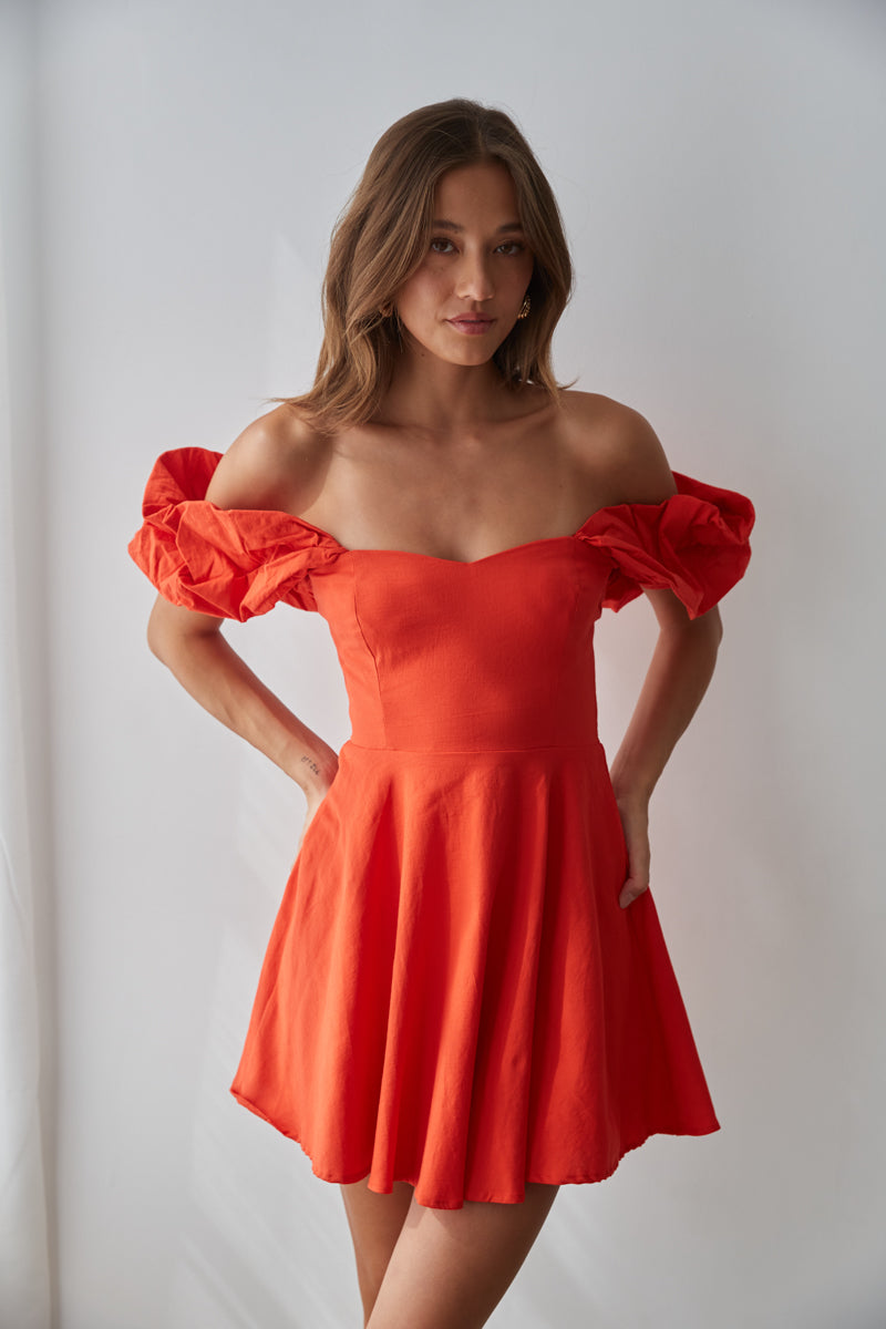 off the shoulder puff sleeve mini dress - bright red fit and flare mini dress - valentines day outfit inspo