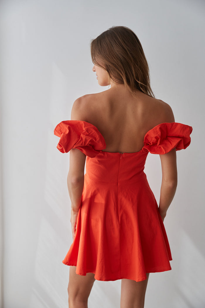 off the shoulder puff sleeve mini dress - red fit and flare dress - valentines day dress