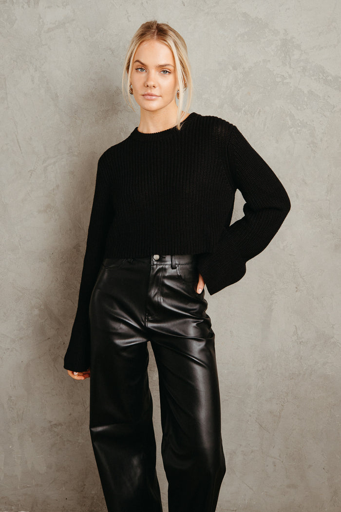 black bell sleeve cropped sweater - black faux leather pants