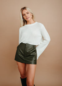 olive faux leather mini skirt with front zipper | dark green leather short skirt