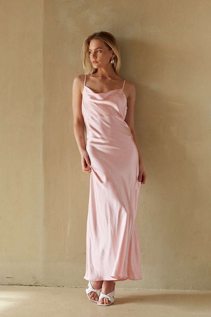 pink-image | baby pink cowl neck satin maxi dress with side slit | pink semi-formal wedding guest dress boutique 