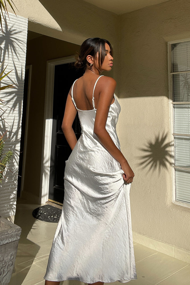 back view white satin slip dress perfect for brides to be