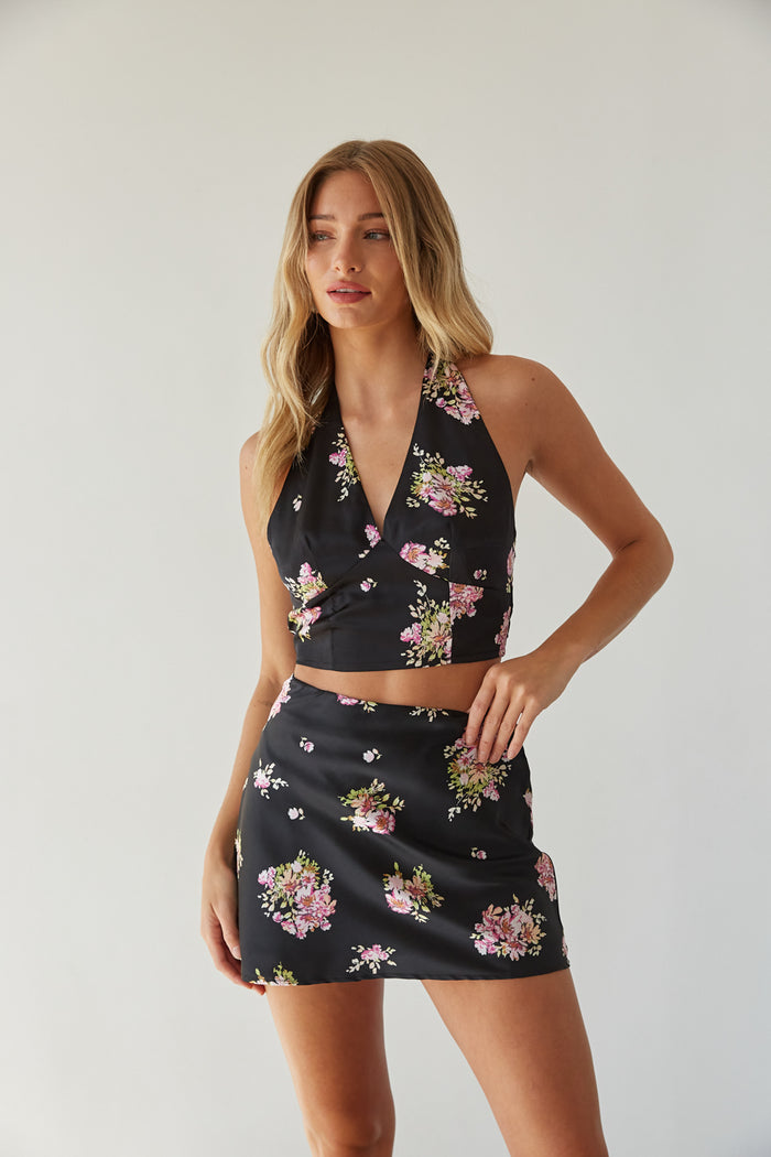 Glora Satin Floral Halter Top Shop American Threads Online Boutique Black Floral / XS Glora Satin Floral Halter Top Shop American Threads Online Boutique Black Floral / XS