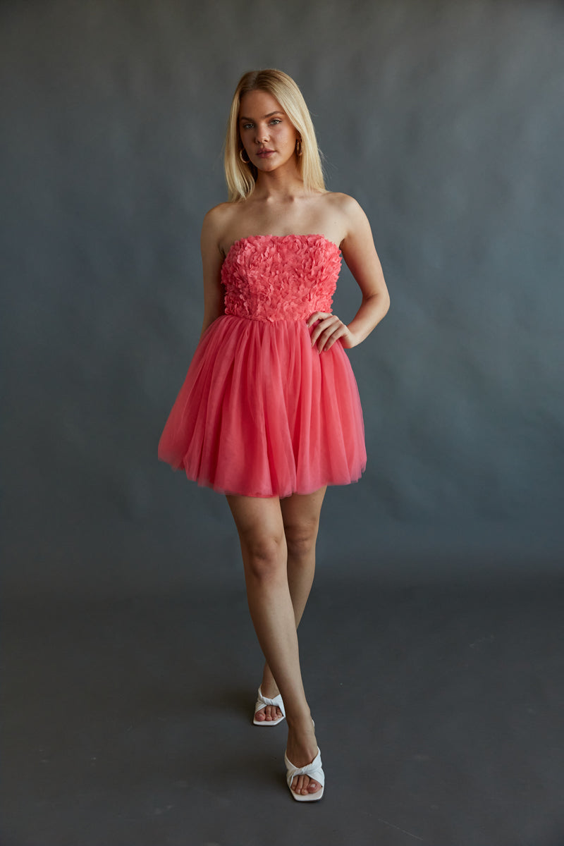 coral mini dress with floral tulle detailing | fit and flare  mini dress collection