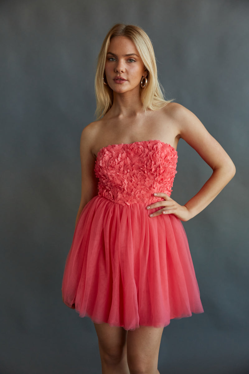 pink-image | coral flower bodice strapless mini dress for hoco