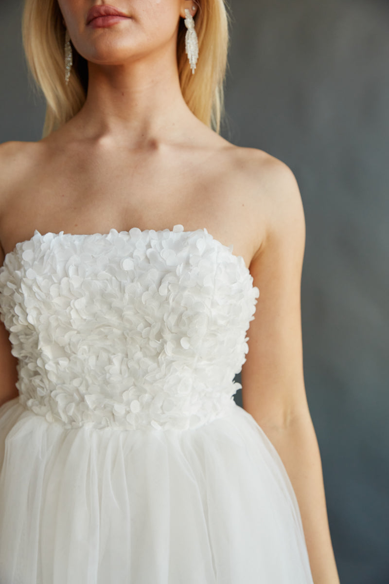 white floral tulle applique mini dress