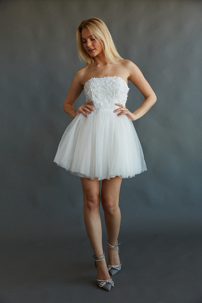 Grace Floral Applique Tulle Babydoll Mini Dress Ivory / L Grace Floral Applique Tulle Babydoll Mini Dress Ivory / L