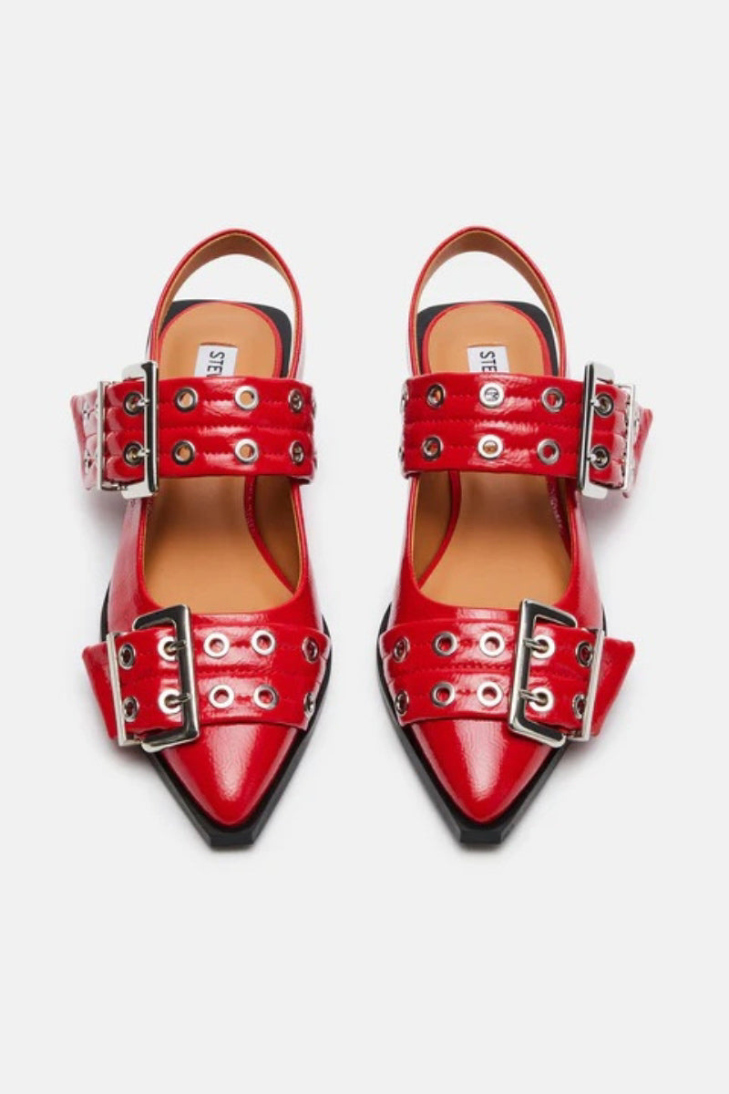 pointed toe red faux patent leather flats with buckle straps | pop of red accessories