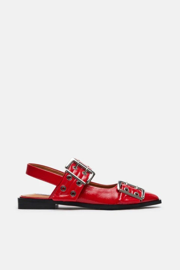 red patent leather pointed toe sling back buckle flats | trending shoes for spring