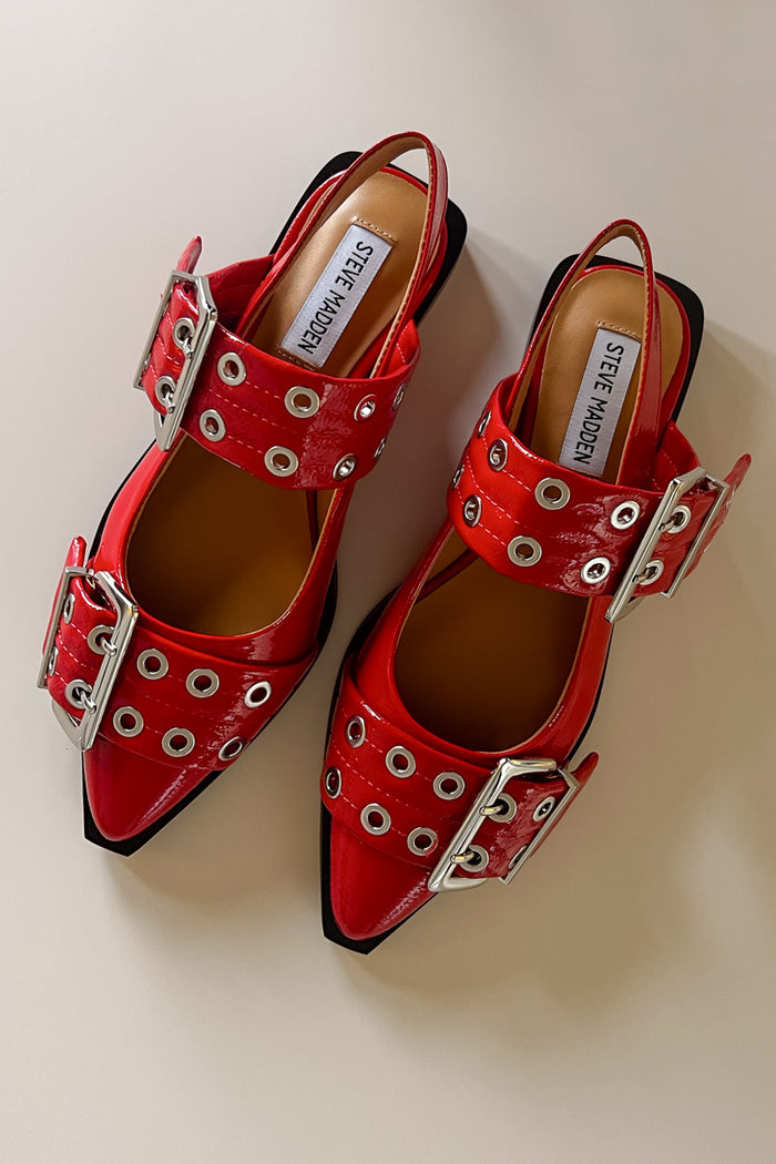 trendy cherry red buckle flats - steve madden graya shoe - slingback pointed toe flats