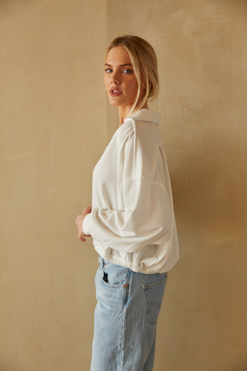 white ultra soft collared pull over for winter 2023 - cute loungewear boutique 