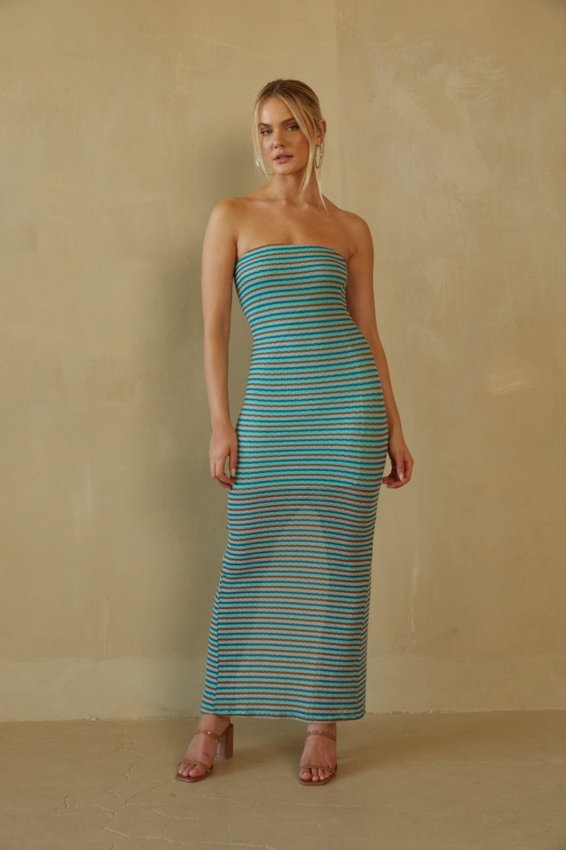 cruise dress - beige and teal striped maxi dress - vacation dress