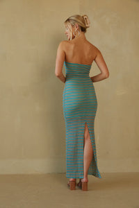 strapless maxi dress with slit - teal striped maxi dress