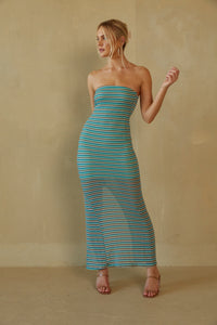 strapless maxi dress - mocha to teal striped maxi dress
