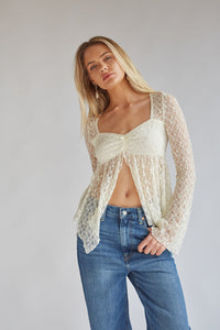 ivory sheer lace long bell sleeve top with open front and bow | boho top inspo