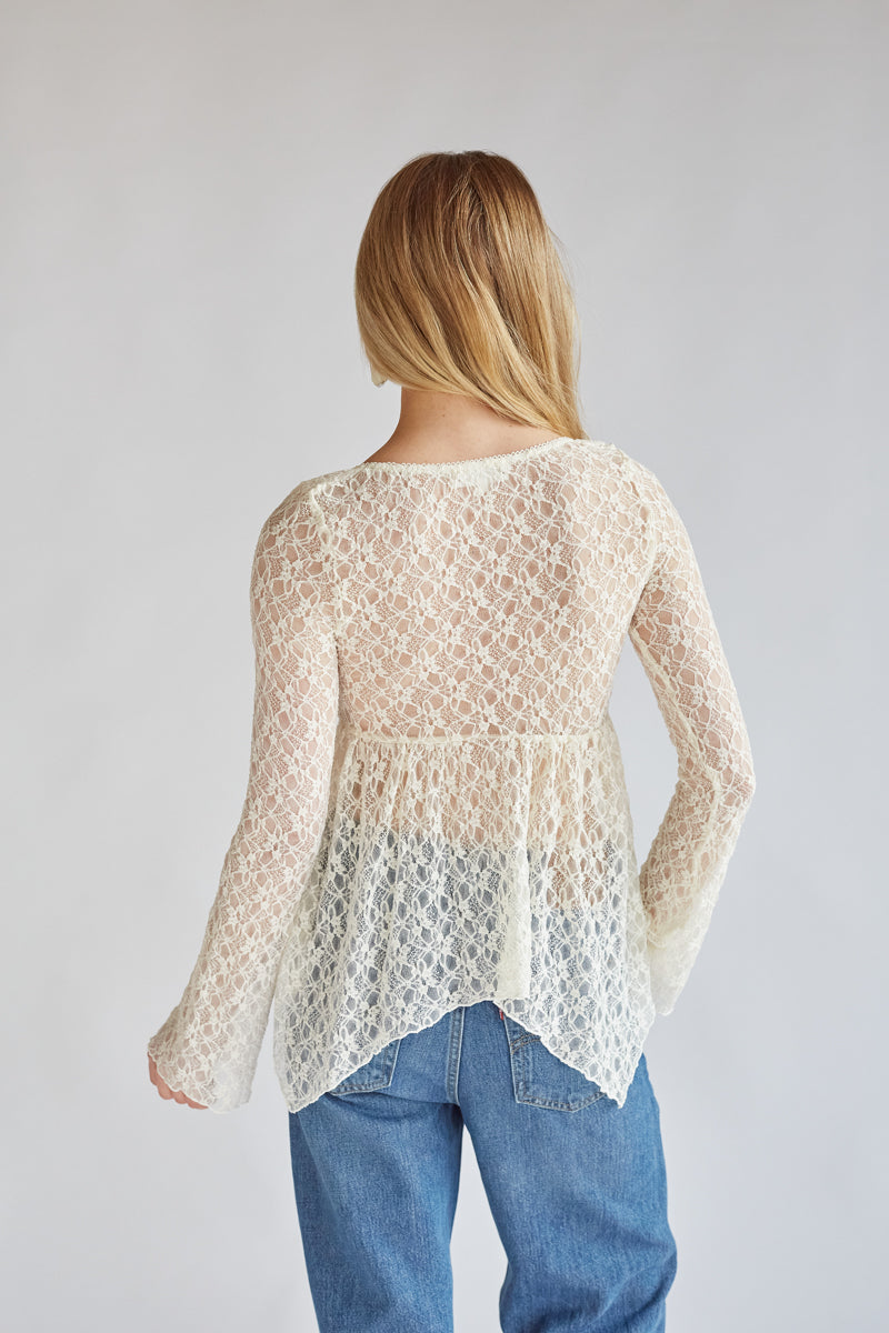 cream sheer lace top with peplum waist and bell sleeves | bohemian top for vacation outfit