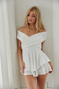 white off the shoulder wrap romper - rompers for brides to be - sorority rush romper