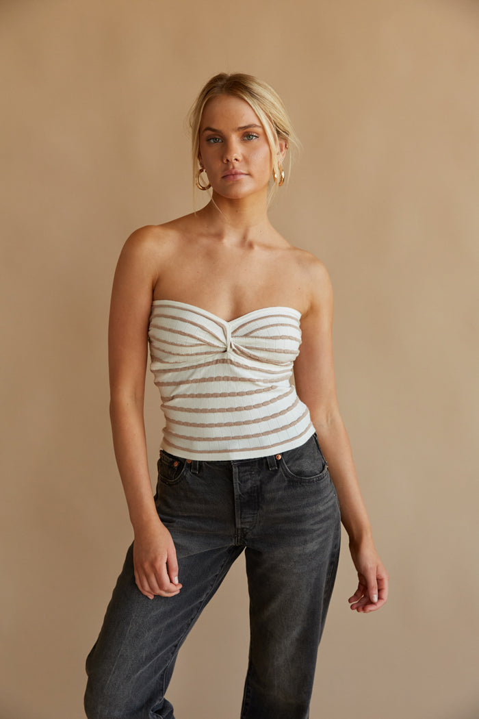 white and tan striped tube top - twist tube top - strapless top
