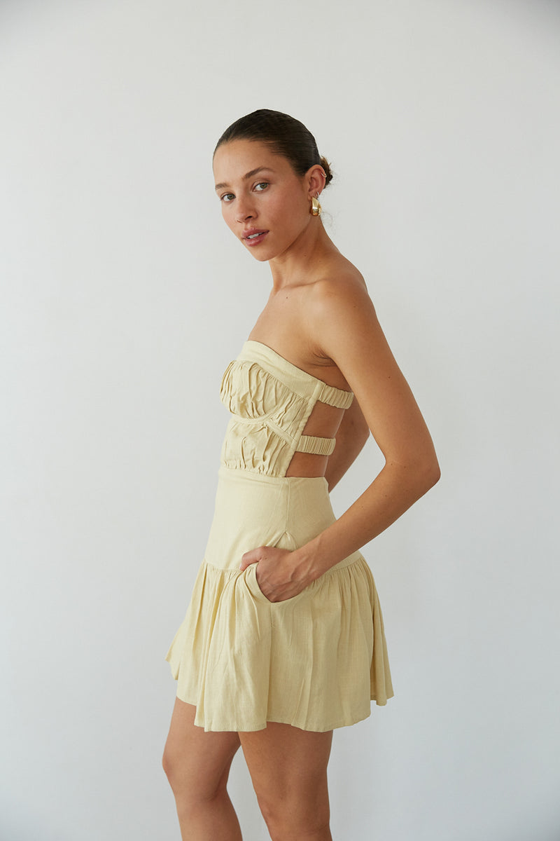 Indie Open Back Linen Mini Dress, Honey / XS