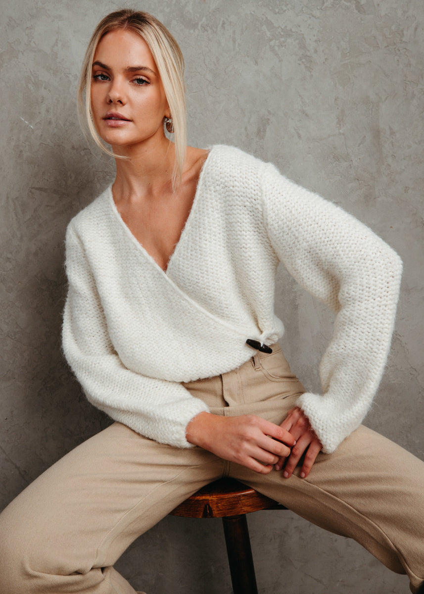 fuzzy knit criss cross wrap tie sweater for winter | trendy sweater tops 2023