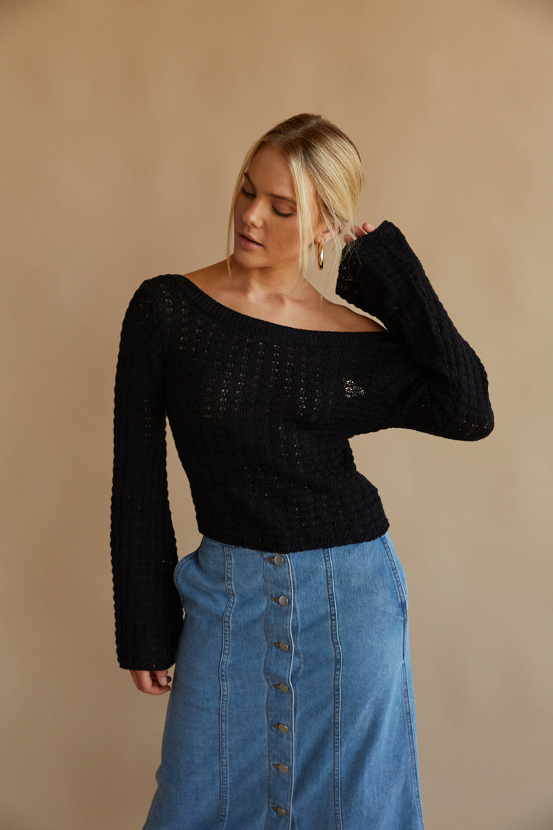 black off the shoulder knit sweater - bell sleeve sweater - 2023 fall fashion trend
